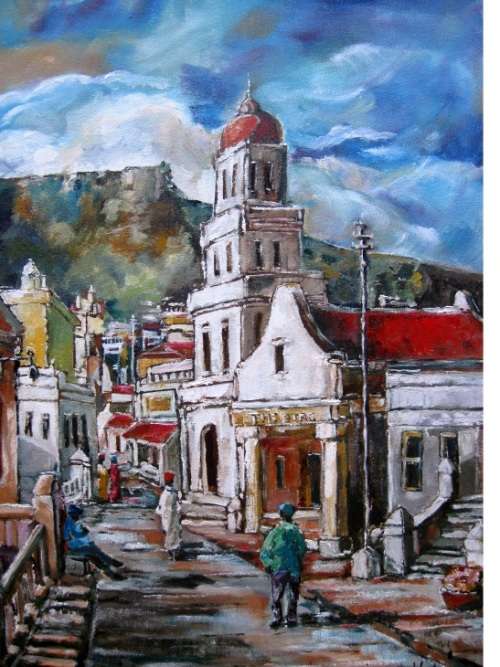 "Malay Quarter after the rain" 700x 500mm! Original oil by IRMA DE WAAL. Great Value!