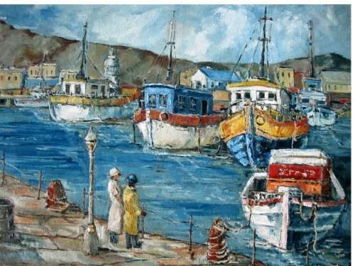 "Harbour boats" 700x 500mm! Original oil by IRMA DE WAAL. Great Value!