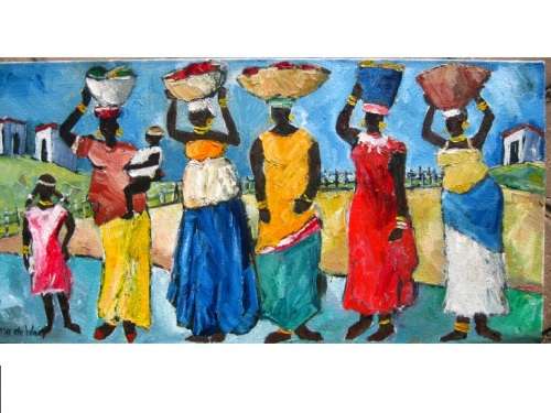 "5 African women and children"" 600x 300mm! Original oil by IRMA DE WAAL. Bright and colourful!