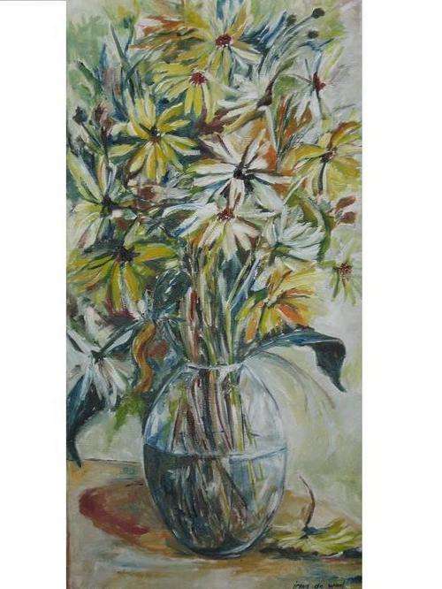 "Yellow Flowers in Glass Bowl" 400 x 800mm Special! Oil by IRMA DE WAAL
