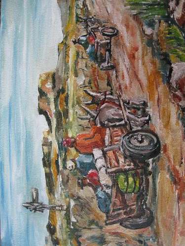 "Donkiekarretjies op stofpad" 400 x 300mm Ready to hang! Oil by IRMA DE WAAL