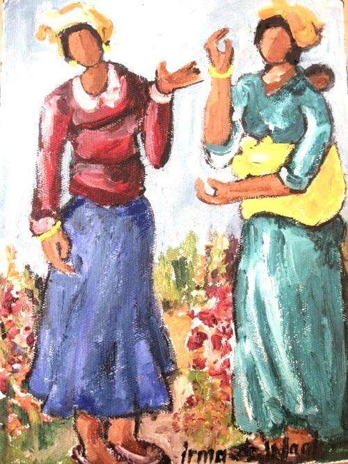 "Friends talking" 200 x 150mm! Original oil by IRMA DE WAAL Colourful and ready to hang!