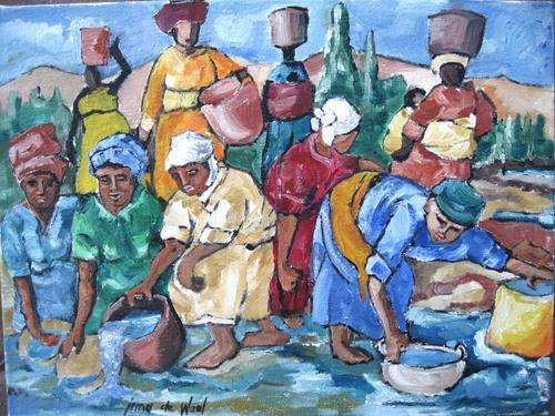 "African women fetching water" 300 x 400mm! Oil by IRMA DE WAAL Colourful and ready to hang!
