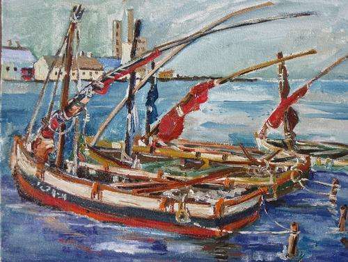 "Fishing boats" 300 x 400mm! Original oiI by IRMA DE WAAL Hang as is!!