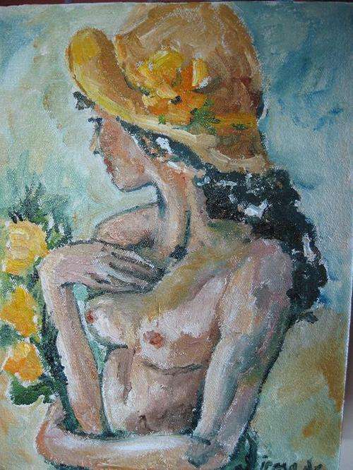 "Nude with Straw Hat" 200 x 150mm by IRMA DE WAAL