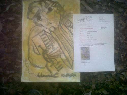 Frans Claerhout, man playing accordian, certificate done by Keith Johns