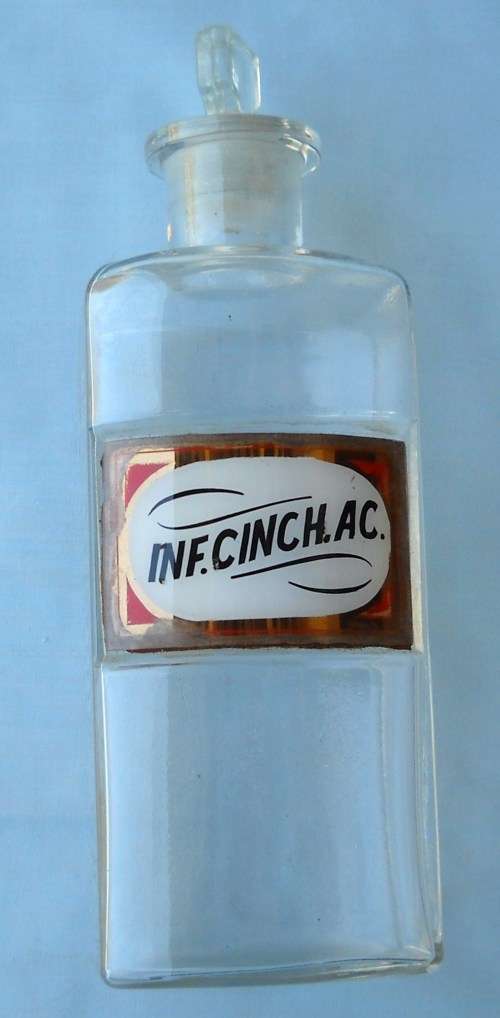 ENAMEL UNDER GLASS-RECTANGULAR CLEAR GLASS MEDICINE/ APOTHECARY BOTTLE & STOPPER-VERY GOOD CONDITION