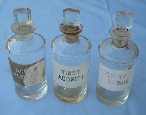 ENAMEL ON GLASS-3 X CLEAR GLASS MEDICINE / APOTHECARY BOTTLES-WITH STOPPERS-VERY GOOD CONDITION