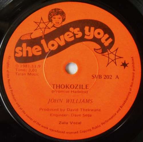 JOHN WILLIAMS - THOKOZILE / ABAZALI BAMI - 7 SINGLE 45 - SOUTH AFRICA - EXC UNPLAYED