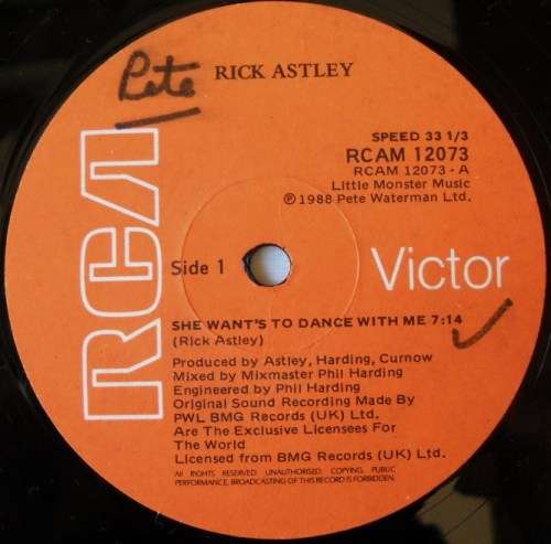 RICK ASTLEY - SHE WANTS TO DANCE WITH ME - 12" MAXI - SOUTH AFRICA -  VG+ / VG