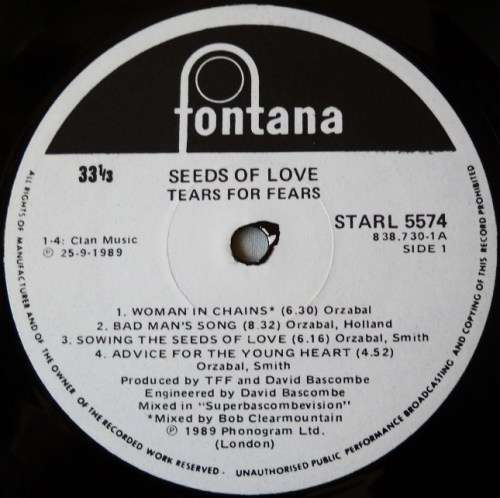 TEARS FOR FEARS - THE SEEDS OF LOVE - LP - SOUTH AFRICA - EXC / EXC IN SHRINK  - WITH COLOUR INNER