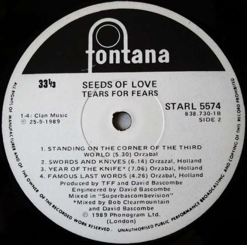 TEARS FOR FEARS - THE SEEDS OF LOVE - LP - SOUTH AFRICA - EXC / EXC IN SHRINK  - WITH COLOUR INNER