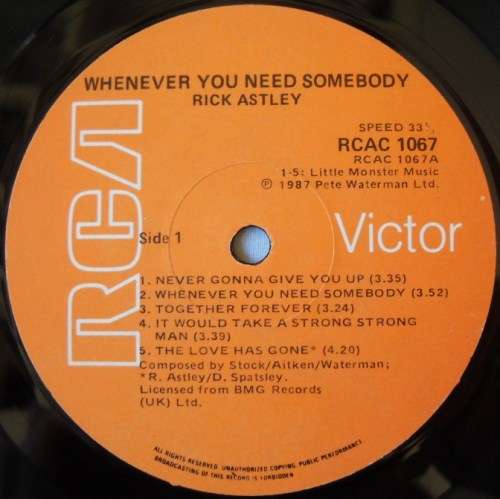 RICK ASTLEY - WHENEVER YOU NEED SOMEBODY - LP - SOUTH AFRICA - EXC / EXC IN SHRINK