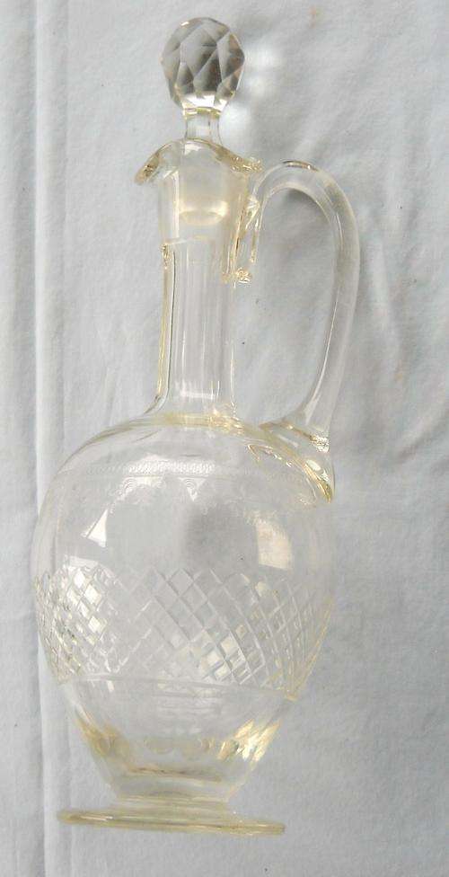 BEAUTIFUL ENGRAVED CUT GLASS DECANTER AND STOPPER-VERY GOOD CONDITION