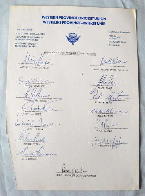 14 ORIGINAL SIGNATURES-1985 / 86-WESTERN PROVINCE CRICKET TEAM-AUTOGRAPH SHEET-EXCELLENT CONDITION
