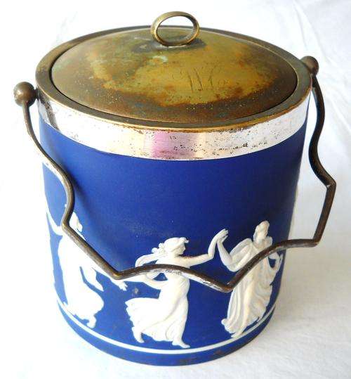 WEDGEWOOD BLUE JASPER-VINTAGE LIDDED ICE BUCKET-SILVER PLATED TRIM-c1900-VERY GOOD CONDITION