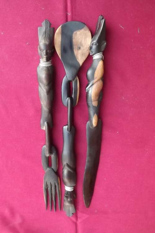 Set of 3 African wooden carved utinsils - knife ,fork and spoon.New condition 40cm each