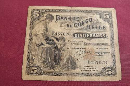 Belgian Congo 5 Franc 1920 banknote - RARE - Elizabethville. Good condition.