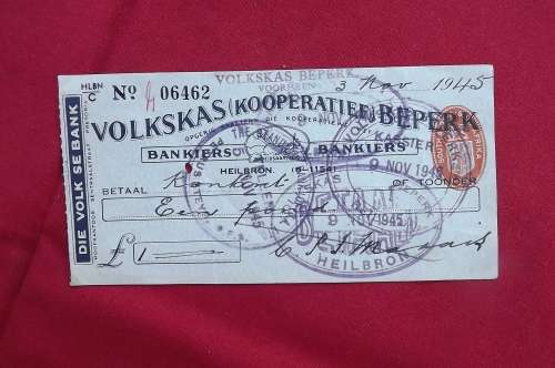 Ephemera-Old bank cheque from VOLKSKAS Heilbron Oranje Vrystaat for  1 - dated 1945