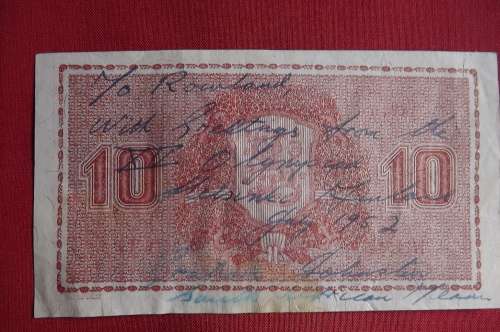 Finland bank 10 mark Litt.B banknote 1945 with graffiti at back.Good condition. N7658079