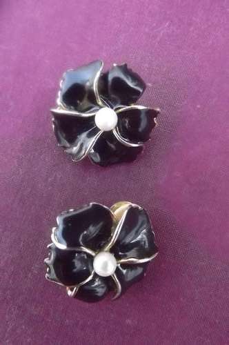Black enamel and pearl clip on earrings - as new