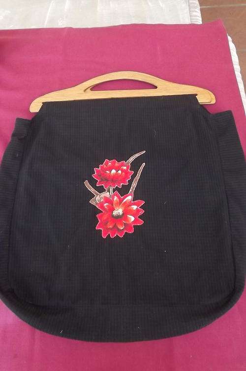 Black Handmade bag with wooden handle and applique work