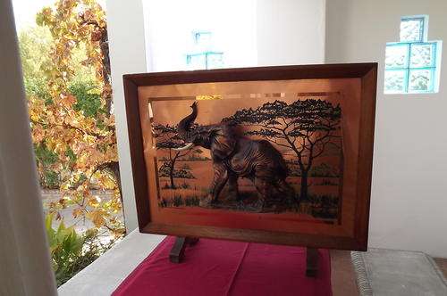 Pure Copper Plated Fireplace Stand or Wall Hanging with Elephant - 84x64cm - wooden frame & stand