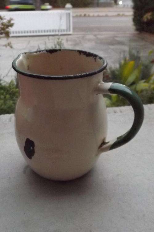 Antique Cream/Green Enamel Jug - used a lot - height - 15cm