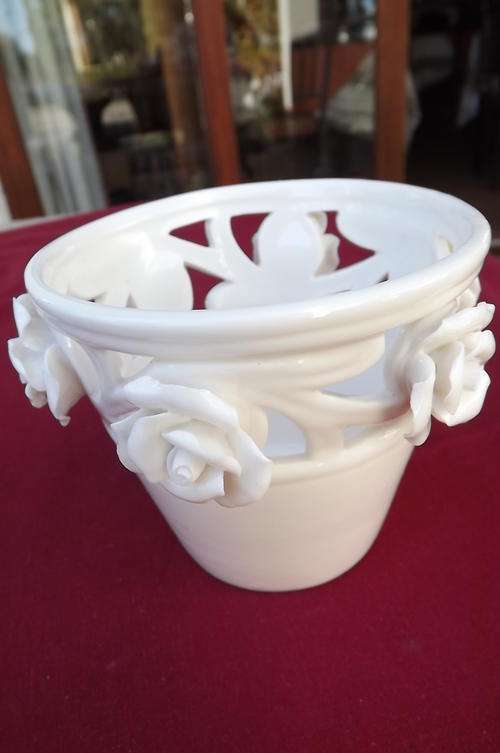 Beautiful Porcelain Plant Holder in White with Porcelain Roses - height - 9.5cm