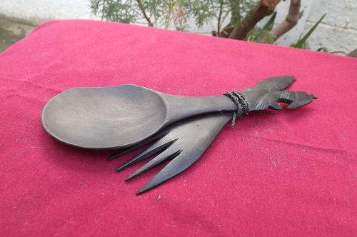 African Art Wooden Fork and Spoon - length 20cm