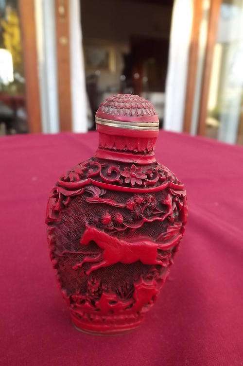 Small Red Antique Bottle-can be liquor/perfume bottle-brass bottom with Asian writing-3D picture
