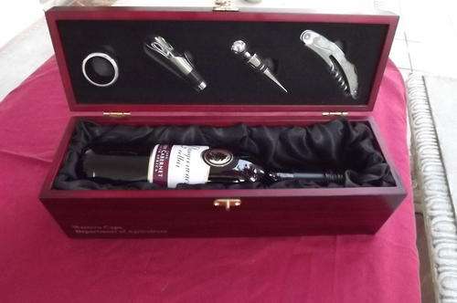 Wooden Lined Rosewood Box with Bar Utensils - Wine Not included - 12x36.5cm - as new