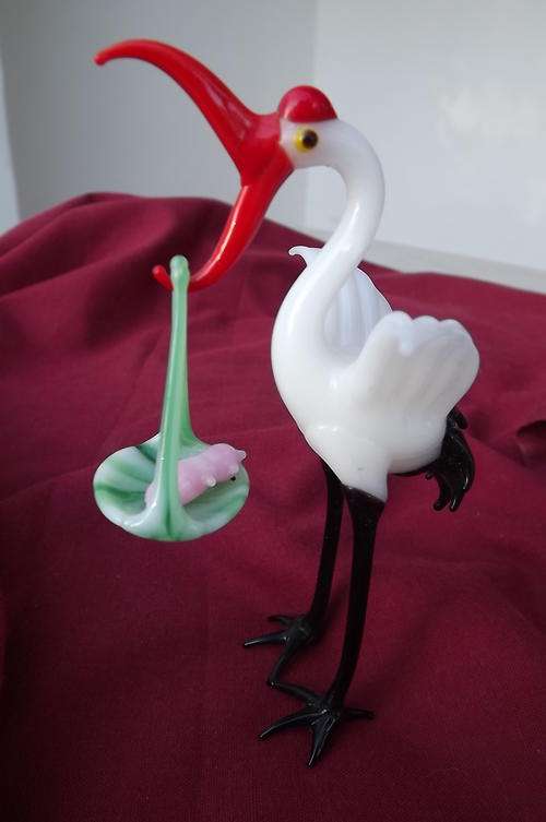 Glass Stork with Baby in Basket - height 11.5cm - delicate