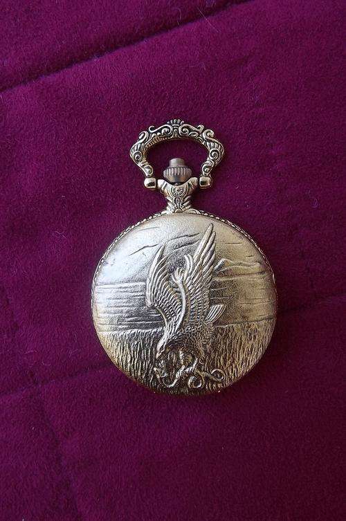 Gold Colour Quartz Pocket Watch with Eagle on Cover - as new - working
