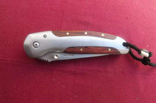 Heavy Stainless Steel Pocket Knife with Rosewood Inlays - clip to attach on belt - good condition