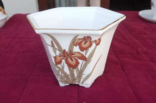 Fine China Hexagonal Plant Pot from Japan - Flower Design on Front - Hand Painted - height 10cm
