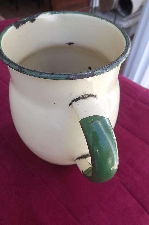 Vintage Cream & Green Milk Jug in Enamel - used a lot - height 16cm