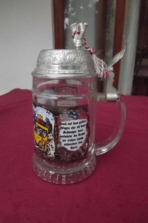 Thick Glass Beer Mug from West Germany - Hand Painted Scene - BMF Marking - Pewter Lid - good cond