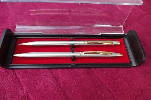 Silver Colour Pen & Pencil Set in Holder - as new condition - Pencil fine but pen needs a refill