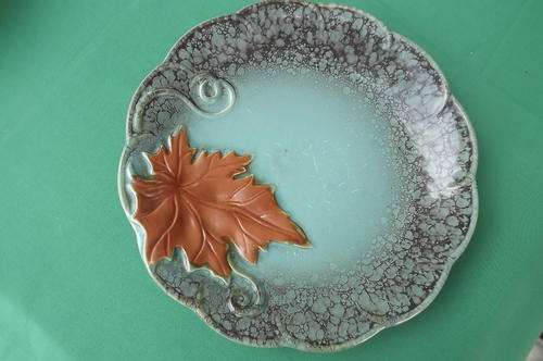 Beautiful Vintage Porcelain Plate in Light Turquoise with Large Porcelain Autumn Leaf - good cond