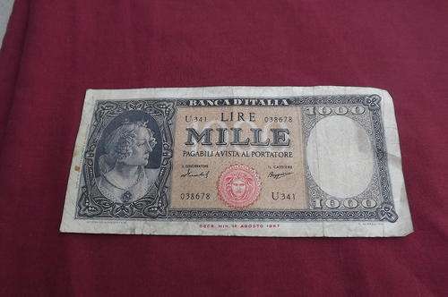 Bank of Italy 1000Lire 1947 banknote.From 14 August 1947.Used condition but no holes of tears.Scarce