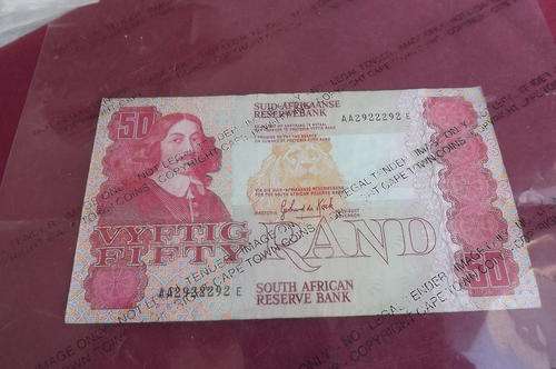 SA banknote G de Kock AA Radar R50.00. Extremely difficult to find. No 2922292.