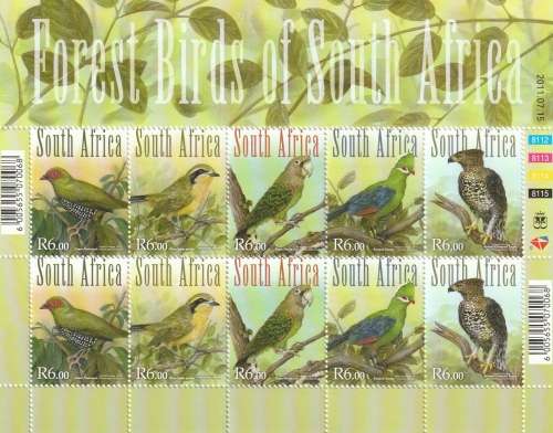 Forest Birds of South Africa Double control strip sheet of ten stamps CV R260 2186-2190