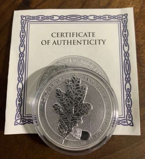 2019 1oz Germania Oak Leaf .9999 Silver COA, BU encapsuled Limited Mintage