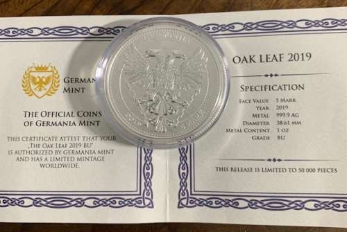 2019 1oz Germania Oak Leaf .9999 Silver COA, BU encapsuled Limited Mintage