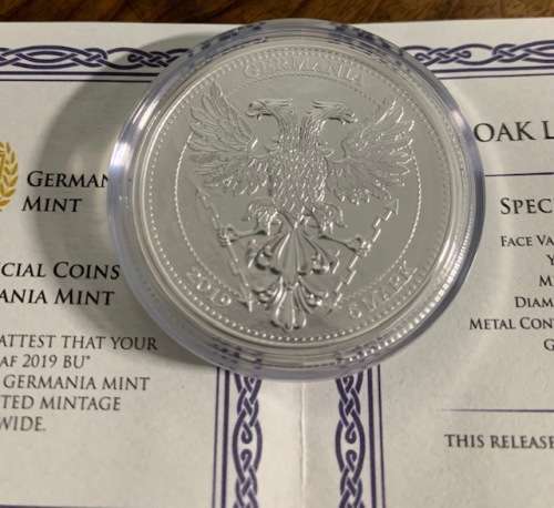 2019 1oz Germania Oak Leaf .9999 Silver COA, BU encapsuled Limited Mintage