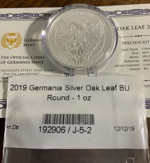 2019 1oz Germania Oak Leaf .9999 Silver COA, BU encapsuled Limited Mintage