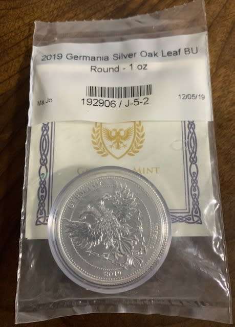 2019 1oz Germania Oak Leaf .9999 Silver COA, BU encapsuled Limited Mintage