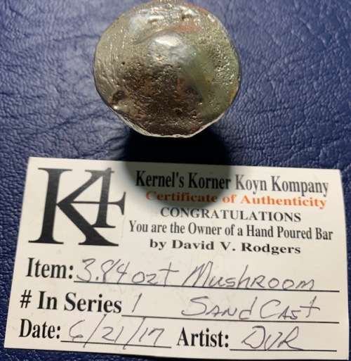 3.84 oz hand poured .999 pure silver Mushroom custom made in the USA with COA. Unique