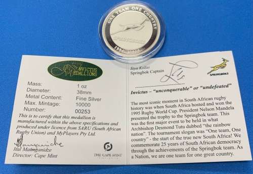 Invictus Siya Kolisi 99.9 pure silver proof Springbok rugby ltd edition coin with box and COA